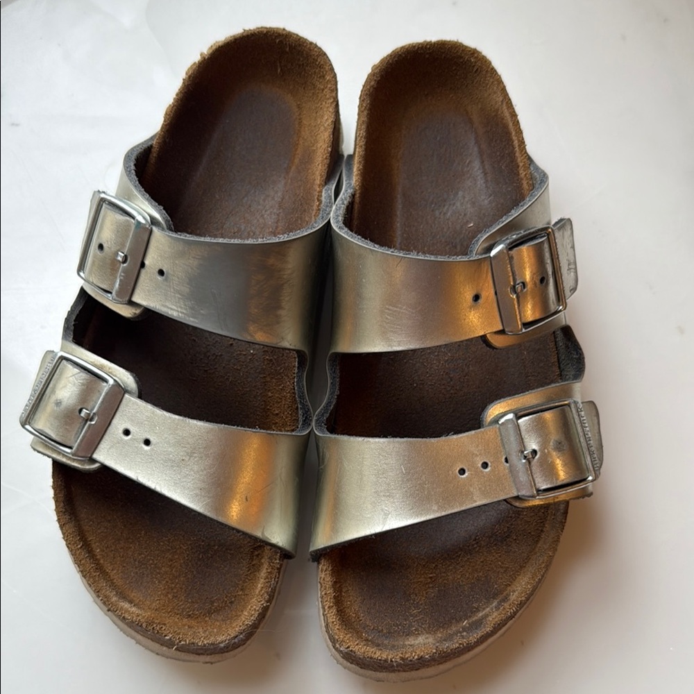 Birkenstock Silver Sandals with Cork Footbed